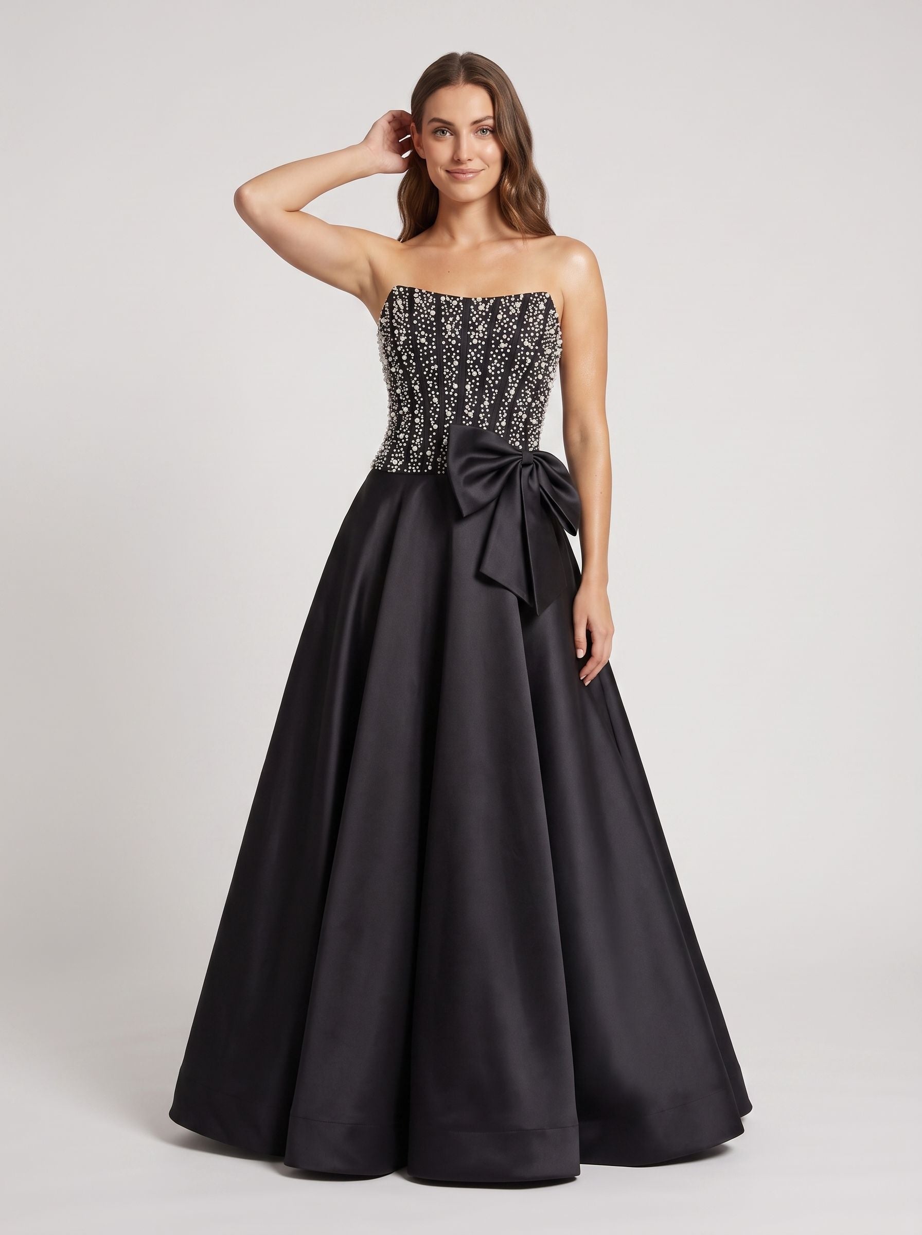 Black Satin A-Line Straight Neck Back Zip Floor-Length Dress with Beaded Bow - Curvevia