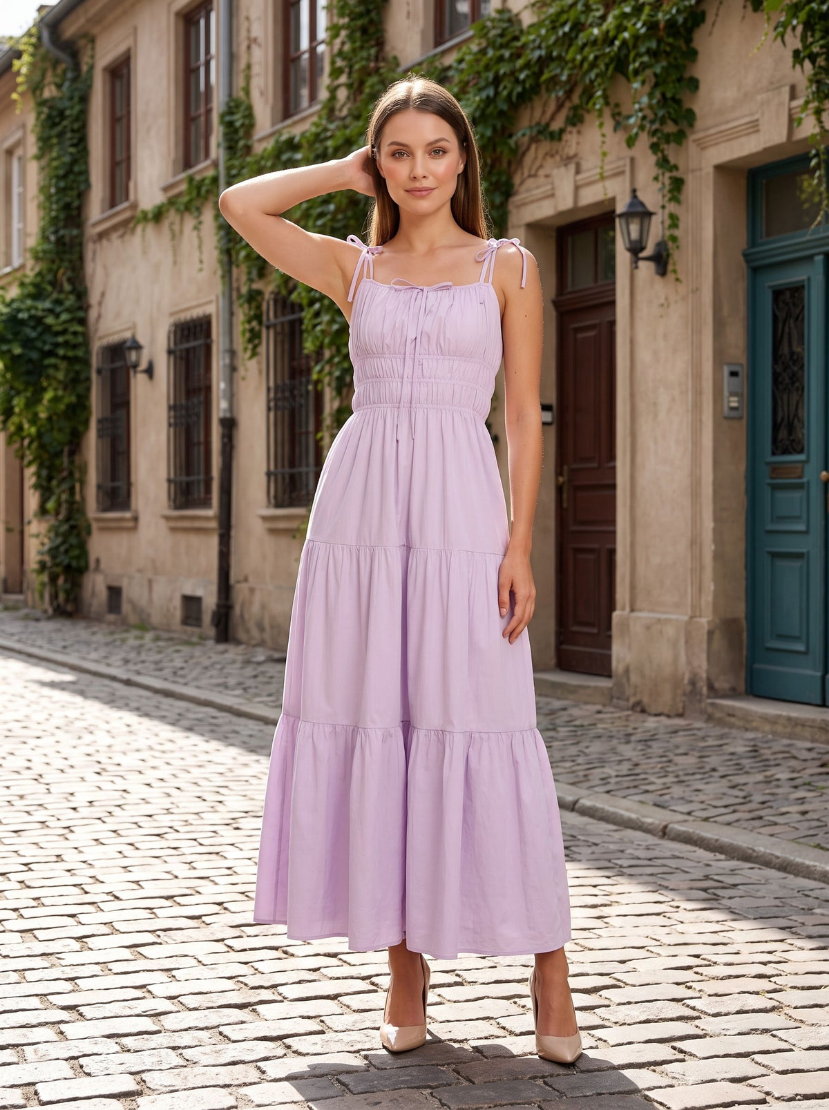 Lavender Matte Satin A-Line Square Neck Backless Ankle-Length Dress with Tiered Skirt and Adjustable Straps - Curvevia