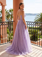 Lilac Tulle A-Line V-Neck Lace-up Floor-Length Dress with Floral Appliques - Curvevia