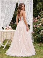 Blushing Pink Tulle A-Line Scoop Neck Lace-up Floor-Length Dress with Ruching - Curvevia