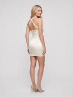 Ivory Satin Sheath Halter neckline Backless Mini Dress with Cross-wrapped - Curvevia