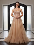 Champagne Tulle A-Line V-Neck Lace-up Floor-Length Dress with Beaded Corset - Curvevia