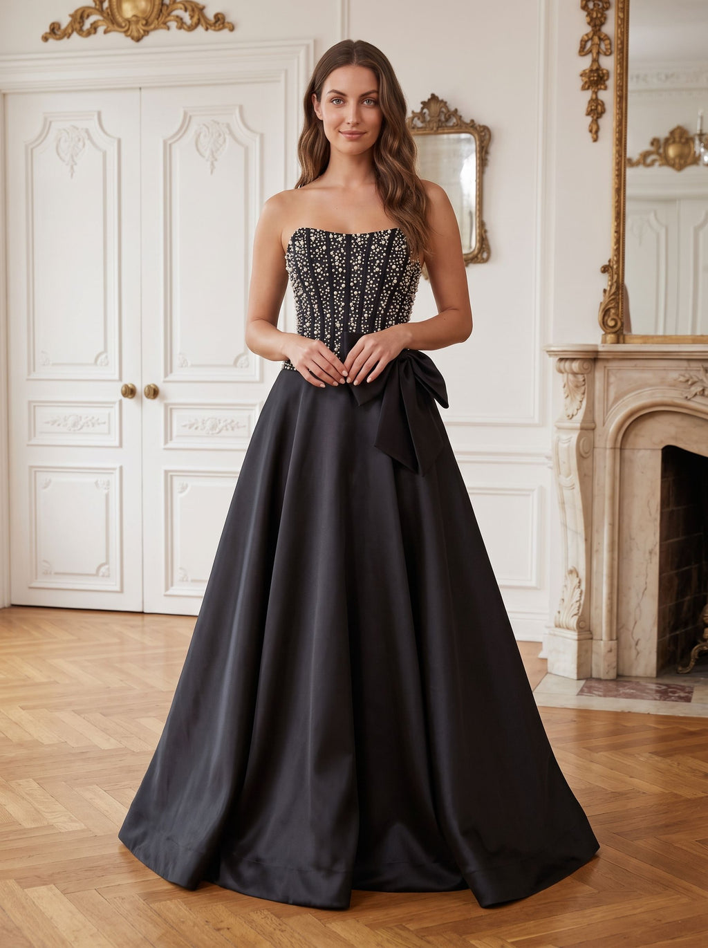 Black Satin A-Line Straight Neck Back Zip Floor-Length Dress with Beaded Bow - Curvevia