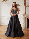 Black Satin A-Line Straight Neck Back Zip Floor-Length Dress with Beaded Bow - Curvevia
