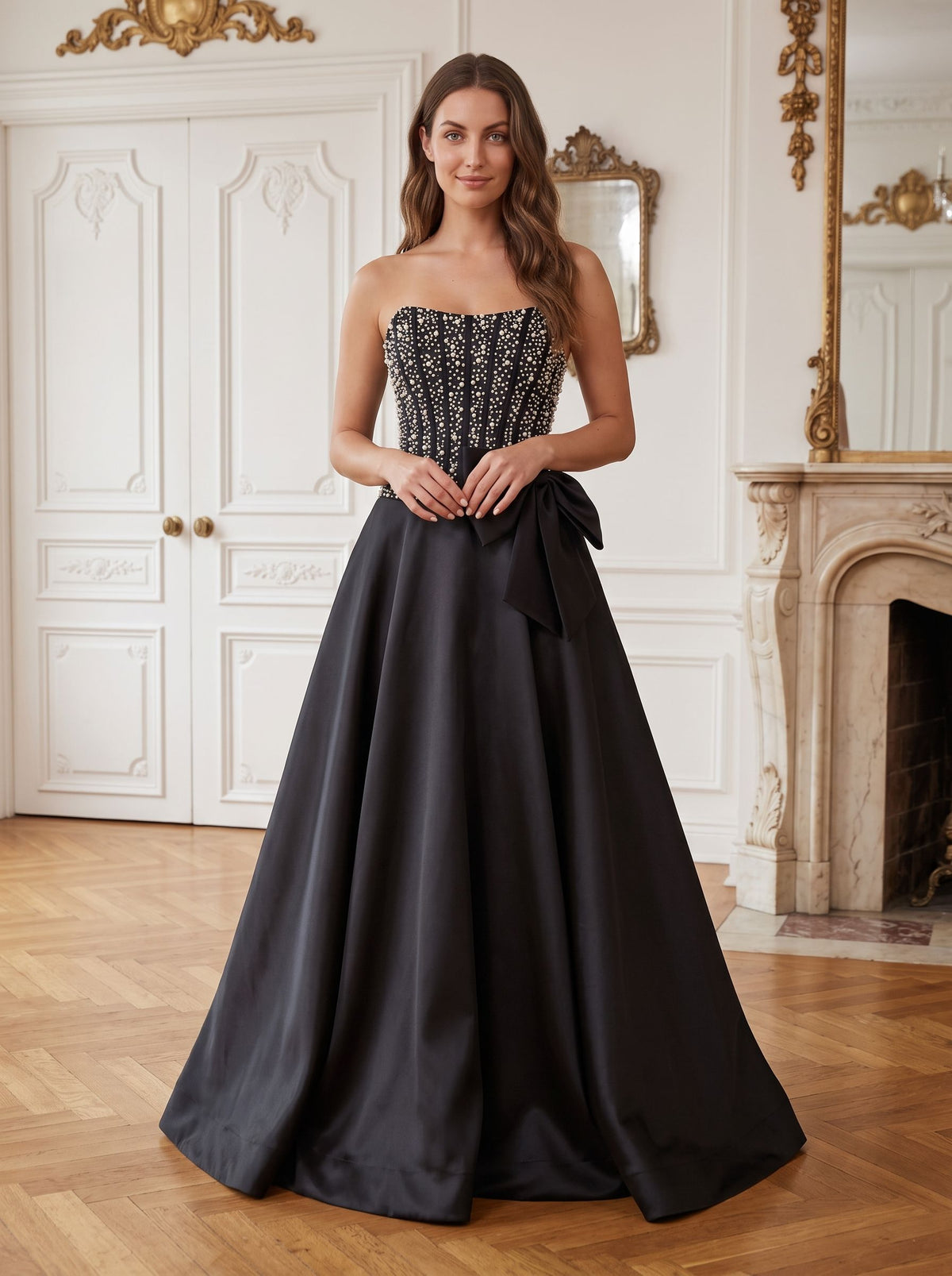 Black Satin A-Line Straight Neck Back Zip Floor-Length Dress with Beaded Bow - Curvevia