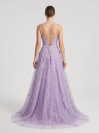 Lilac Tulle A-Line V-Neck Lace-up Floor-Length Dress with Floral Appliques - Curvevia