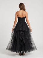 Black Tulle A-Line Sweetheart Back Zip Floor-Length Dress with Ruching and Drape - Curvevia