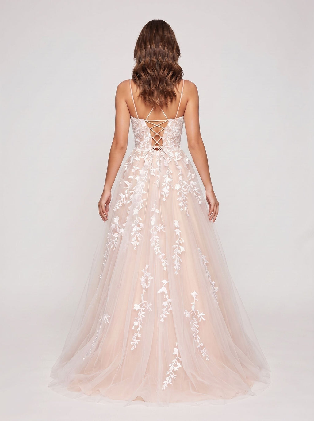 Blushing Pink Tulle A-Line Scoop Neck Lace-up Floor-Length Dress with Ruching - Curvevia