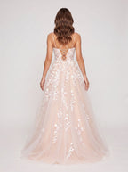Blushing Pink Tulle A-Line Scoop Neck Lace-up Floor-Length Dress with Ruching - Curvevia