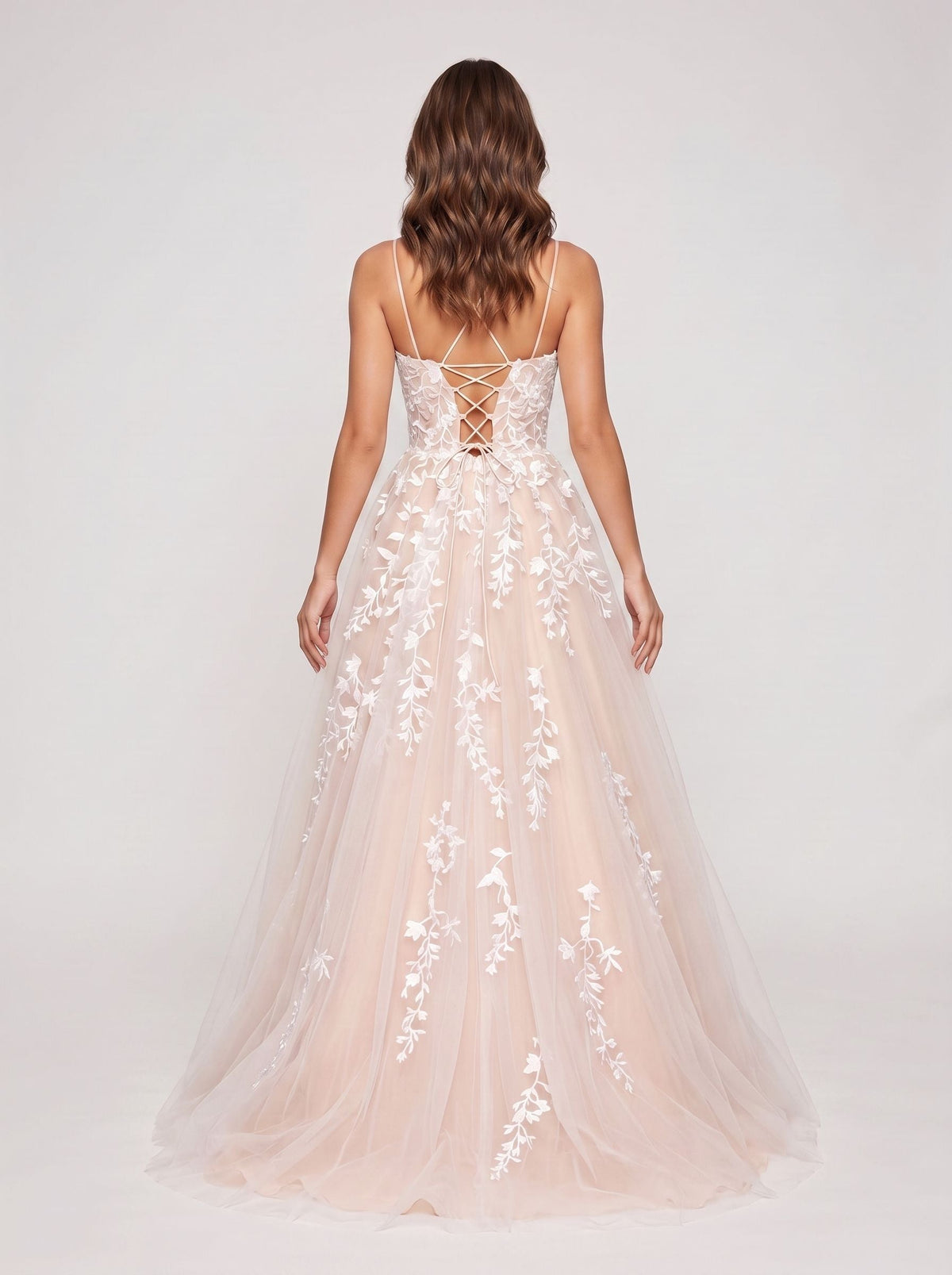 Blushing Pink Tulle A-Line Scoop Neck Lace-up Floor-Length Dress with Ruching - Curvevia