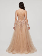 Champagne Tulle A-Line V-Neck Lace-up Floor-Length Dress with Beaded Corset - Curvevia