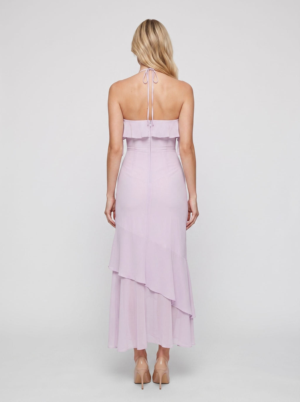 Lilac Chiffon Sheath Halter neckline Backless Floor-Length Dress with Tiered Hem - Curvevia