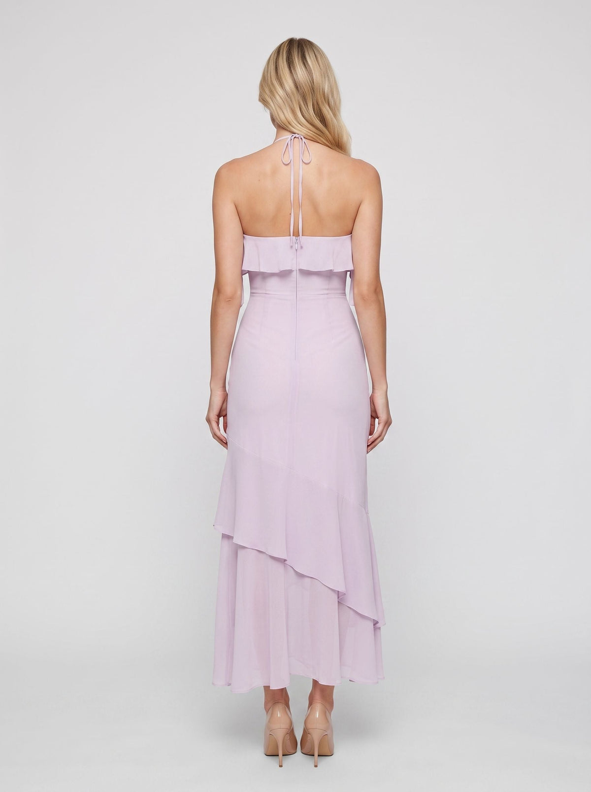 Lilac Chiffon Sheath Halter neckline Backless Floor-Length Dress with Tiered Hem - Curvevia