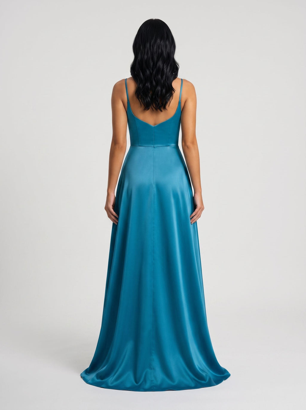 Peacock Blue Satin A-Line V-Neck Back Zip Floor-Length Dress with Spaghetti Straps - Curvevia