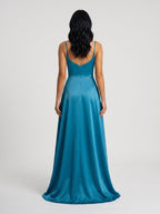 Peacock Blue Satin A-Line V-Neck Back Zip Floor-Length Dress with Spaghetti Straps - Curvevia