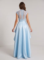 Sky Blue Satin A-Line Scoop Neck Back Zip Floor-Length Dress with Lace Applique Bodice and Side Slit - Curvevia