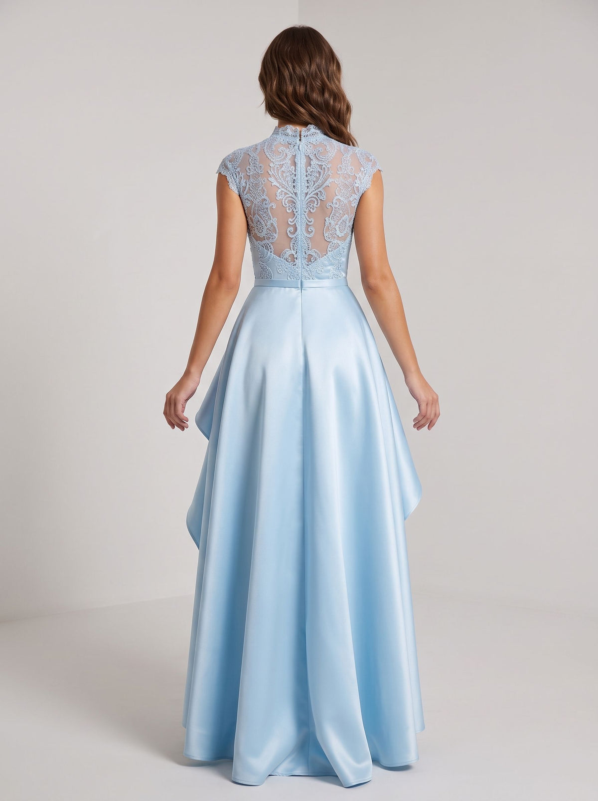 Sky Blue Satin A-Line Scoop Neck Back Zip Floor-Length Dress with Lace Applique Bodice and Side Slit - Curvevia