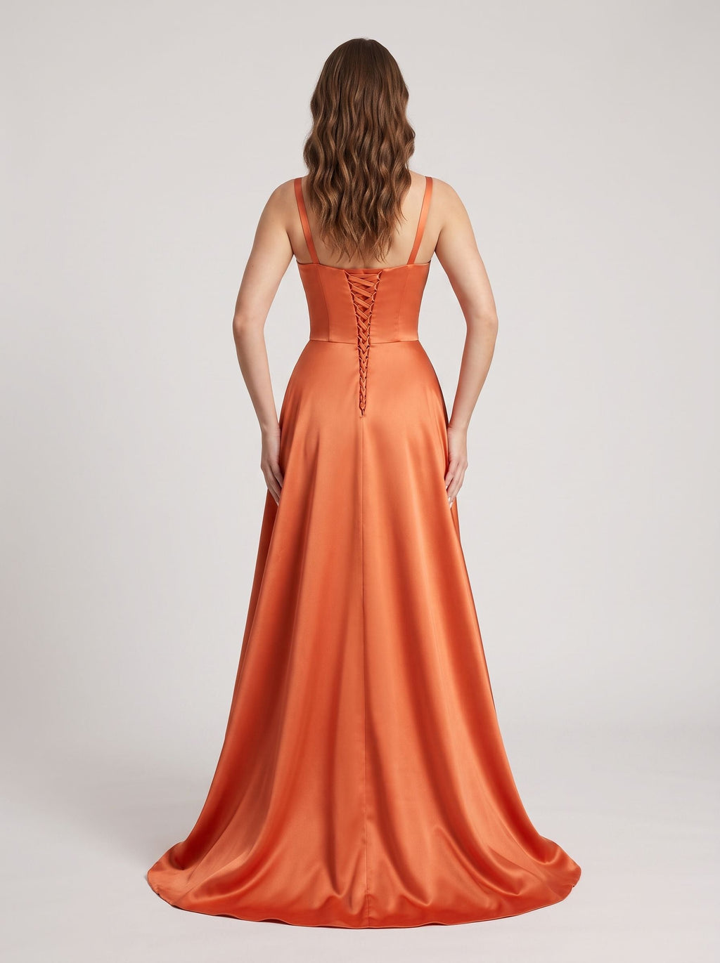Orange Satin A-Line V-Neck Lace-up Floor-Length Dress with Pleated Bodice - Curvevia