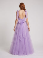 Lavender Tulle A-Line Sweetheart Backless Floor-Length Dress with Bow Shoulder Ties - Curvevia