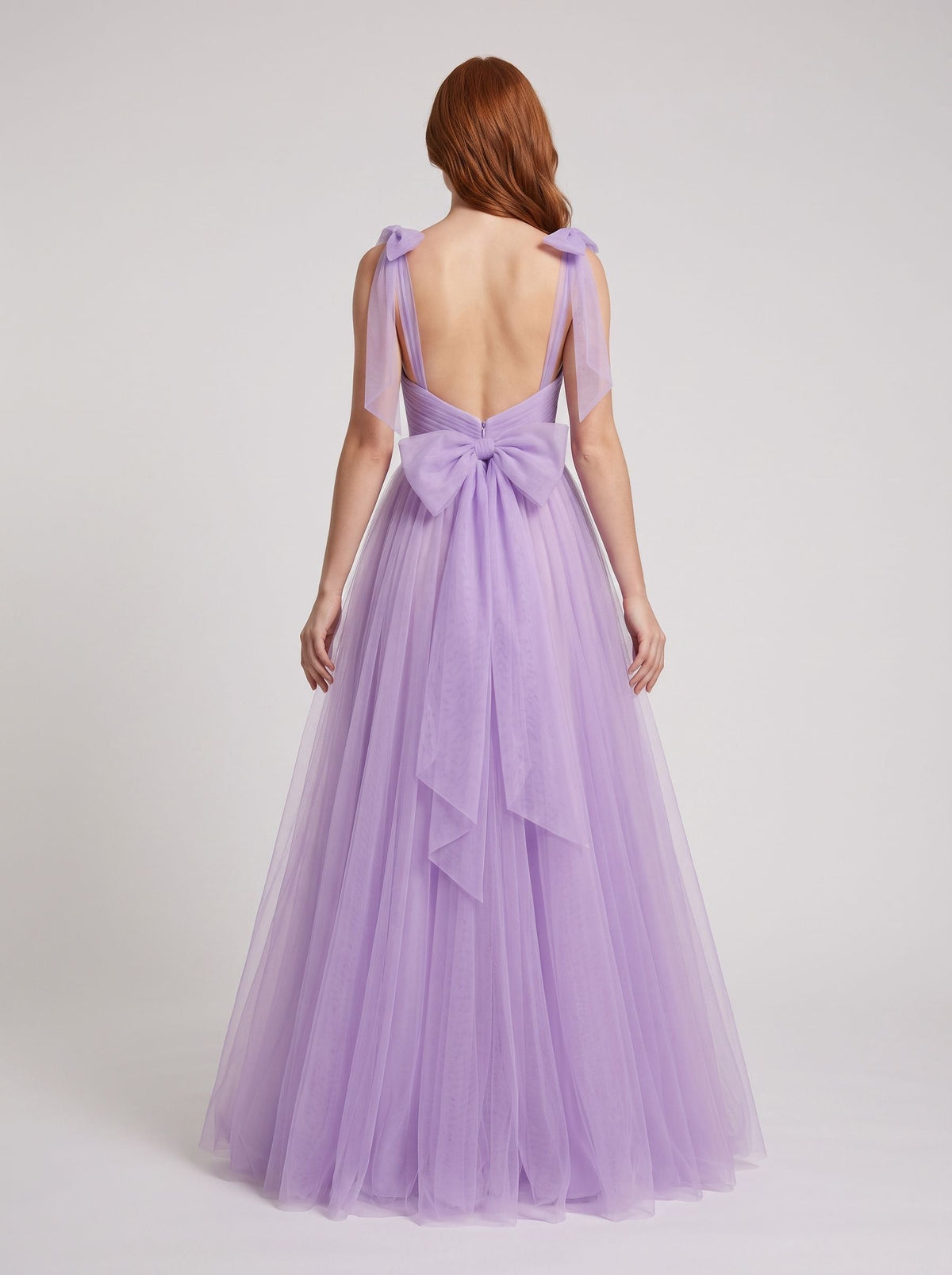 Lavender Tulle A-Line Sweetheart Backless Floor-Length Dress with Bow Shoulder Ties - Curvevia