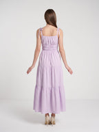 Lavender Matte Satin A-Line Square Neck Backless Ankle-Length Dress with Tiered Skirt and Adjustable Straps - Curvevia