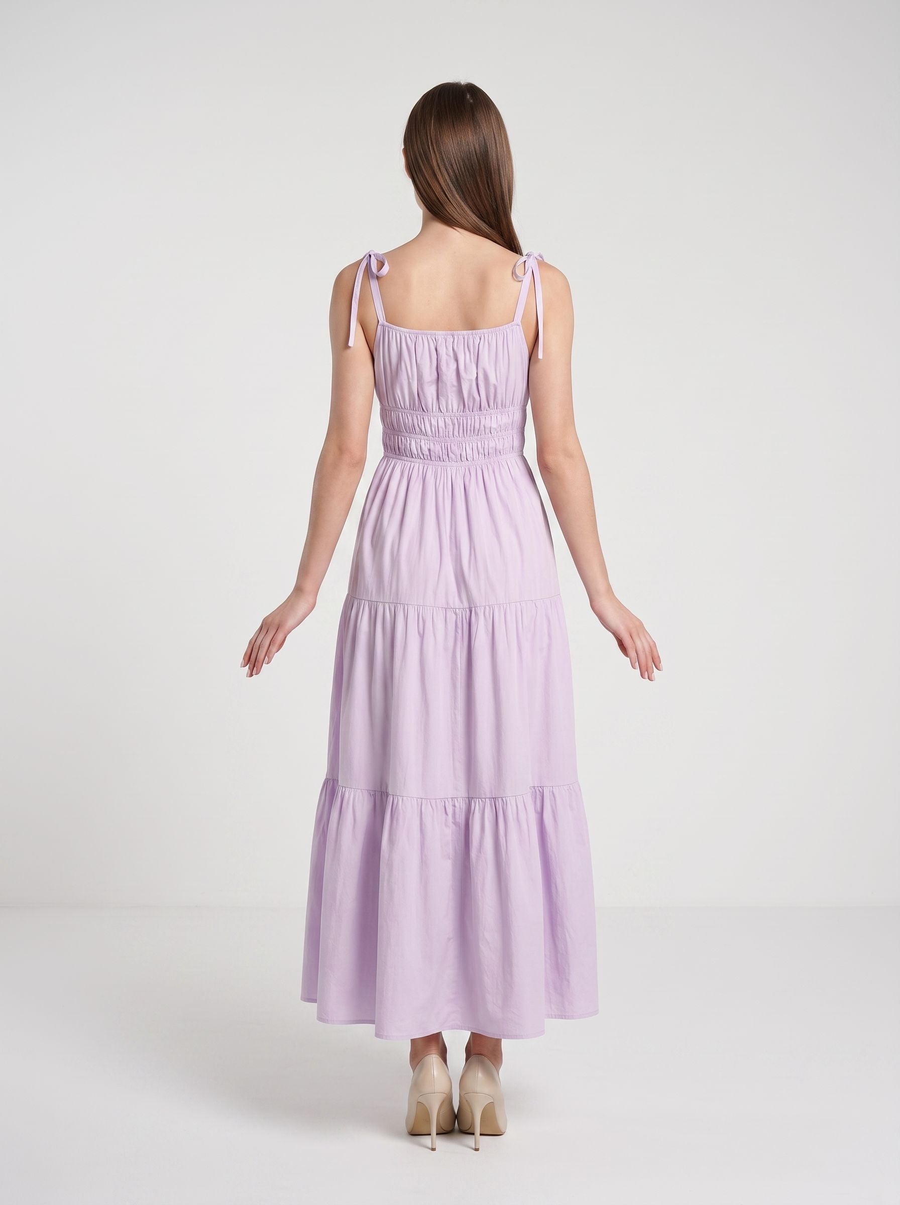 Lavender Matte Satin A-Line Square Neck Backless Ankle-Length Dress with Tiered Skirt and Adjustable Straps - Curvevia