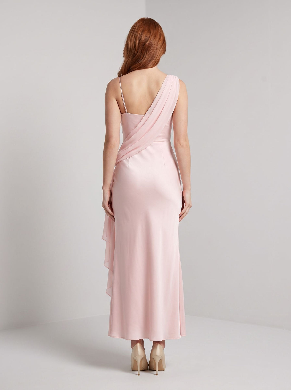 Blushing Pink Satin Sheath One Shoulder Side Zip Floor-Length Dress with Draped Sash - Curvevia