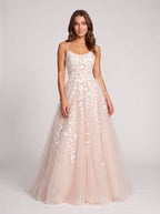 Blushing Pink Tulle A-Line Scoop Neck Lace-up Floor-Length Dress with Ruching - Curvevia