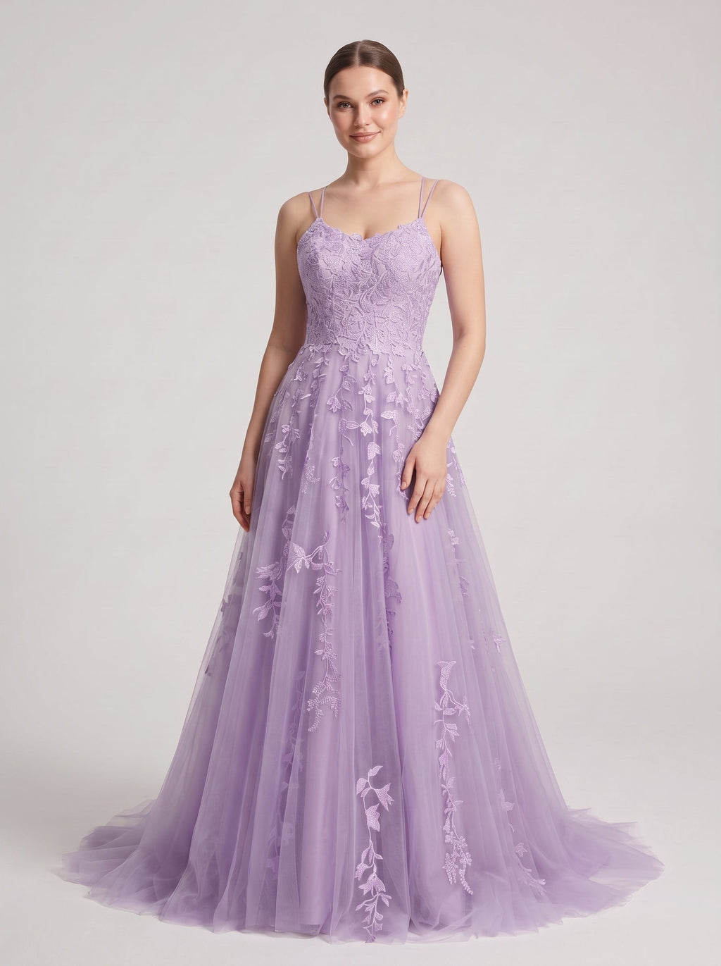 Lilac Tulle A-Line V-Neck Lace-up Floor-Length Dress with Floral Appliques - Curvevia