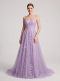 Lilac Tulle A-Line V-Neck Lace-up Floor-Length Dress with Floral Appliques - Curvevia