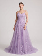 Lilac Tulle A-Line V-Neck Lace-up Floor-Length Dress with Floral Appliques - Curvevia