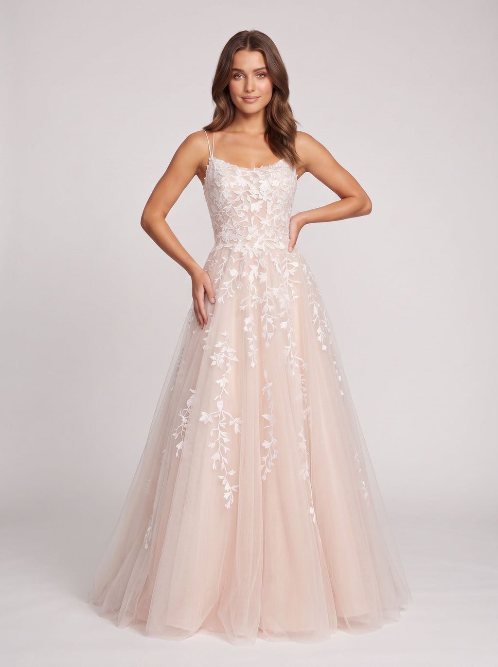 Blushing Pink Tulle A-Line Scoop Neck Lace-up Floor-Length Dress with Ruching - Curvevia