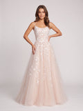 Blushing Pink Tulle A-Line Scoop Neck Lace-up Floor-Length Dress with Ruching - Curvevia