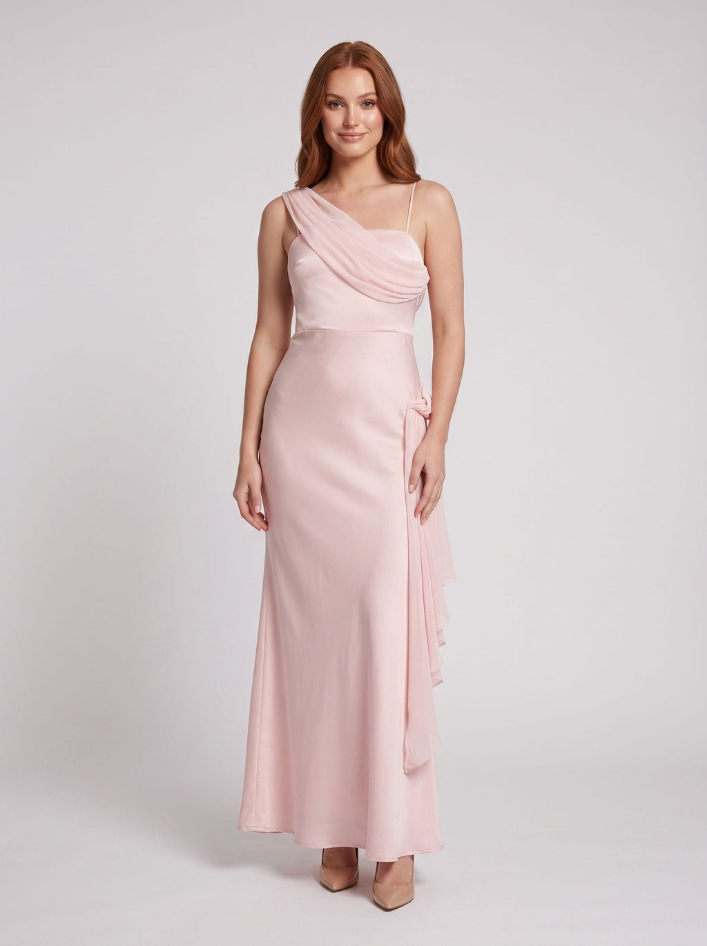 Blushing Pink Satin Sheath One Shoulder Side Zip Floor-Length Dress with Draped Sash - Curvevia