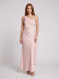 Blushing Pink Satin Sheath One Shoulder Side Zip Floor-Length Dress with Draped Sash - Curvevia