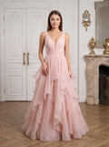 Blushing Pink Tulle A-Line V-Neck Back Zip Floor-Length Dress with Tiered Tulle - Curvevia