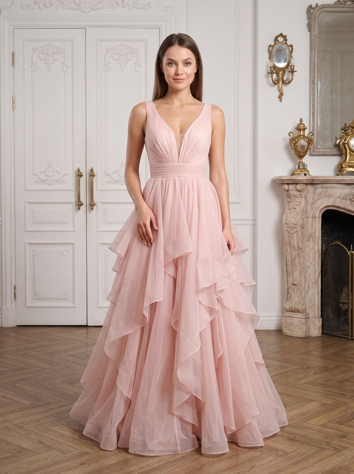 Blushing Pink Tulle A-Line V-Neck Back Zip Floor-Length Dress with Tiered Tulle - Curvevia