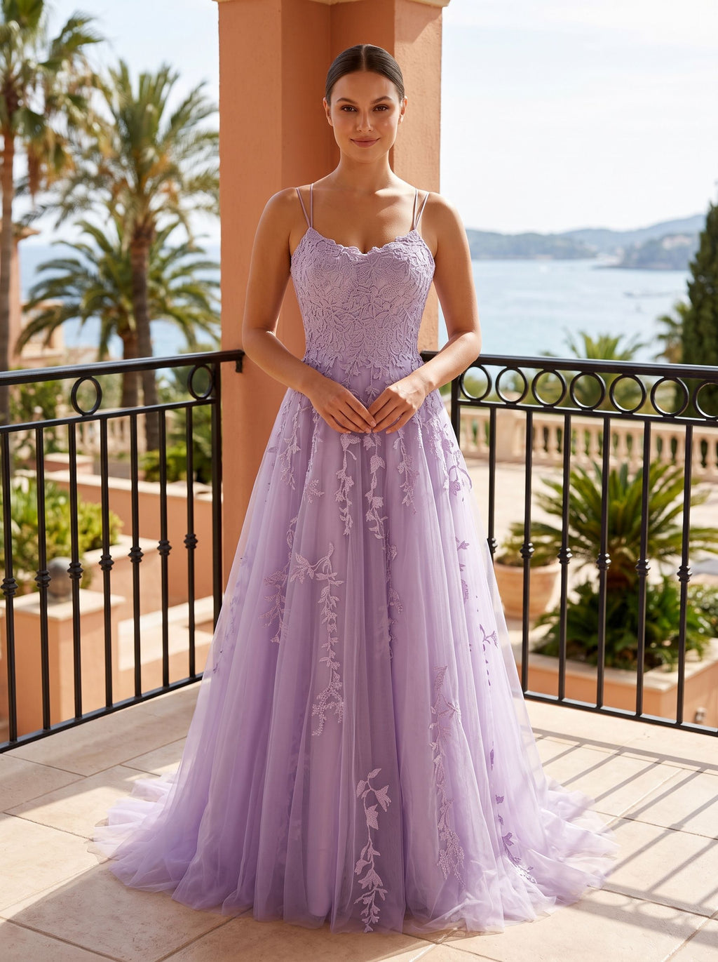 Lilac Tulle A-Line V-Neck Lace-up Floor-Length Dress with Floral Appliques - Curvevia