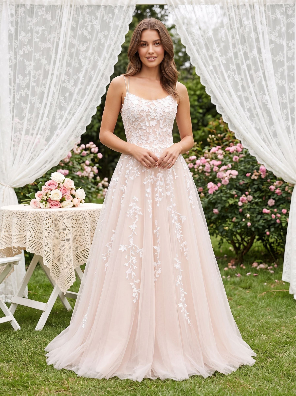 Blushing Pink Tulle A-Line Scoop Neck Lace-up Floor-Length Dress with Ruching - Curvevia