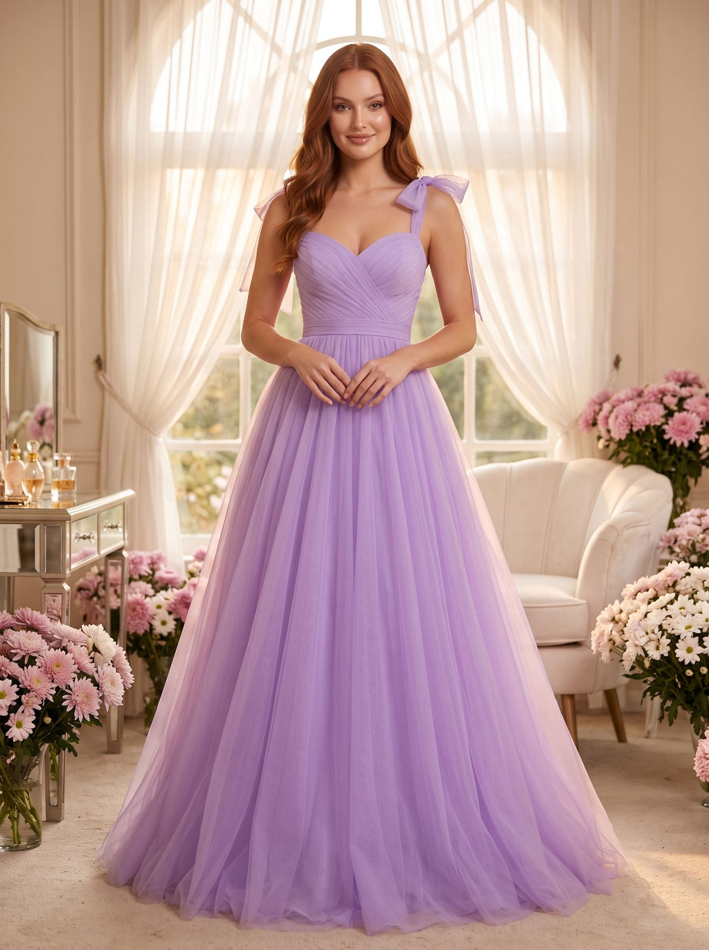 Lavender Tulle A-Line Sweetheart Backless Floor-Length Dress with Bow Shoulder Ties - Curvevia