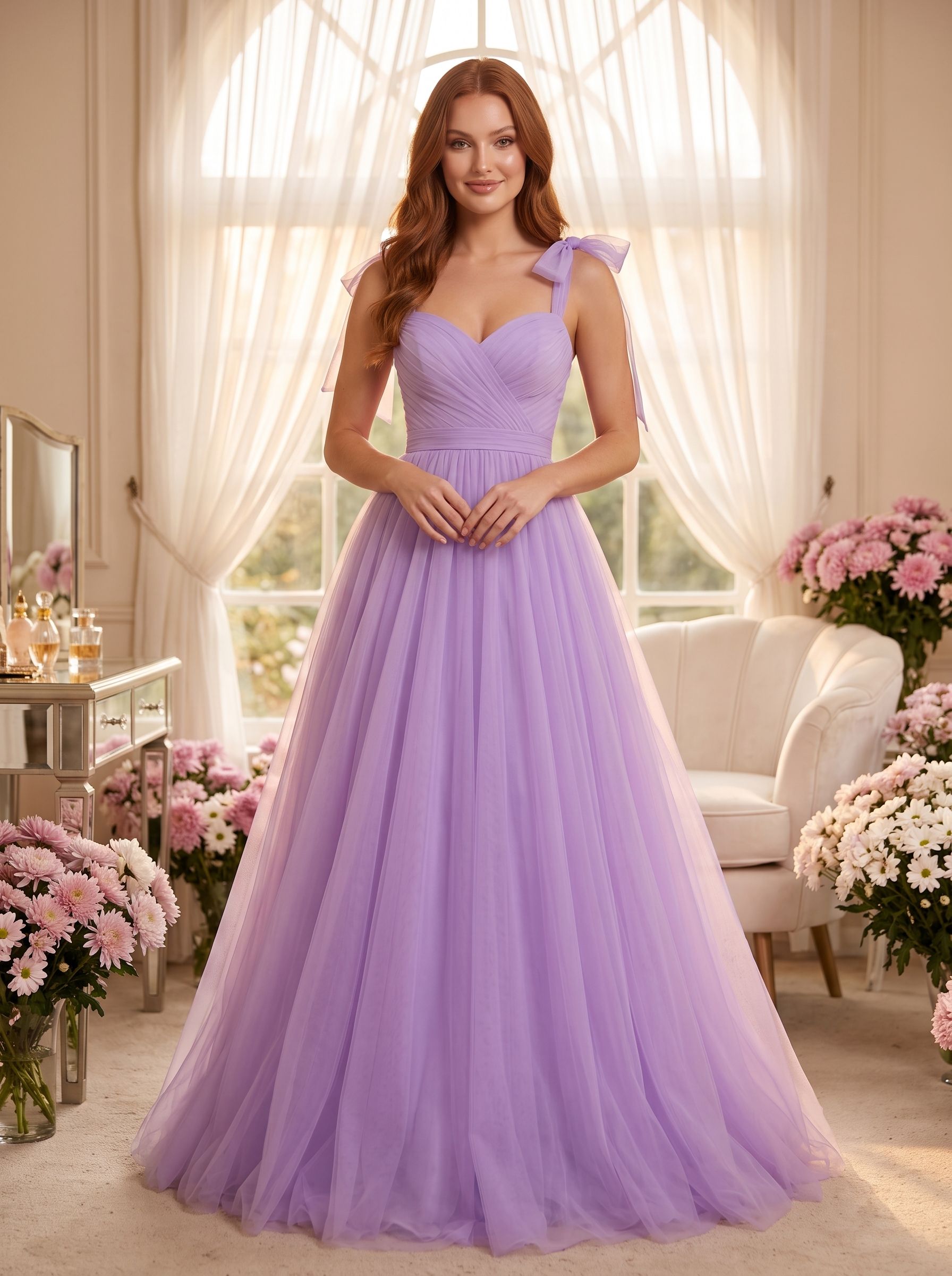 Lavender Tulle A-Line Sweetheart Backless Floor-Length Dress with Bow Shoulder Ties - Curvevia