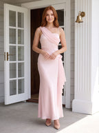 Blushing Pink Satin Sheath One Shoulder Side Zip Floor-Length Dress with Draped Sash - Curvevia
