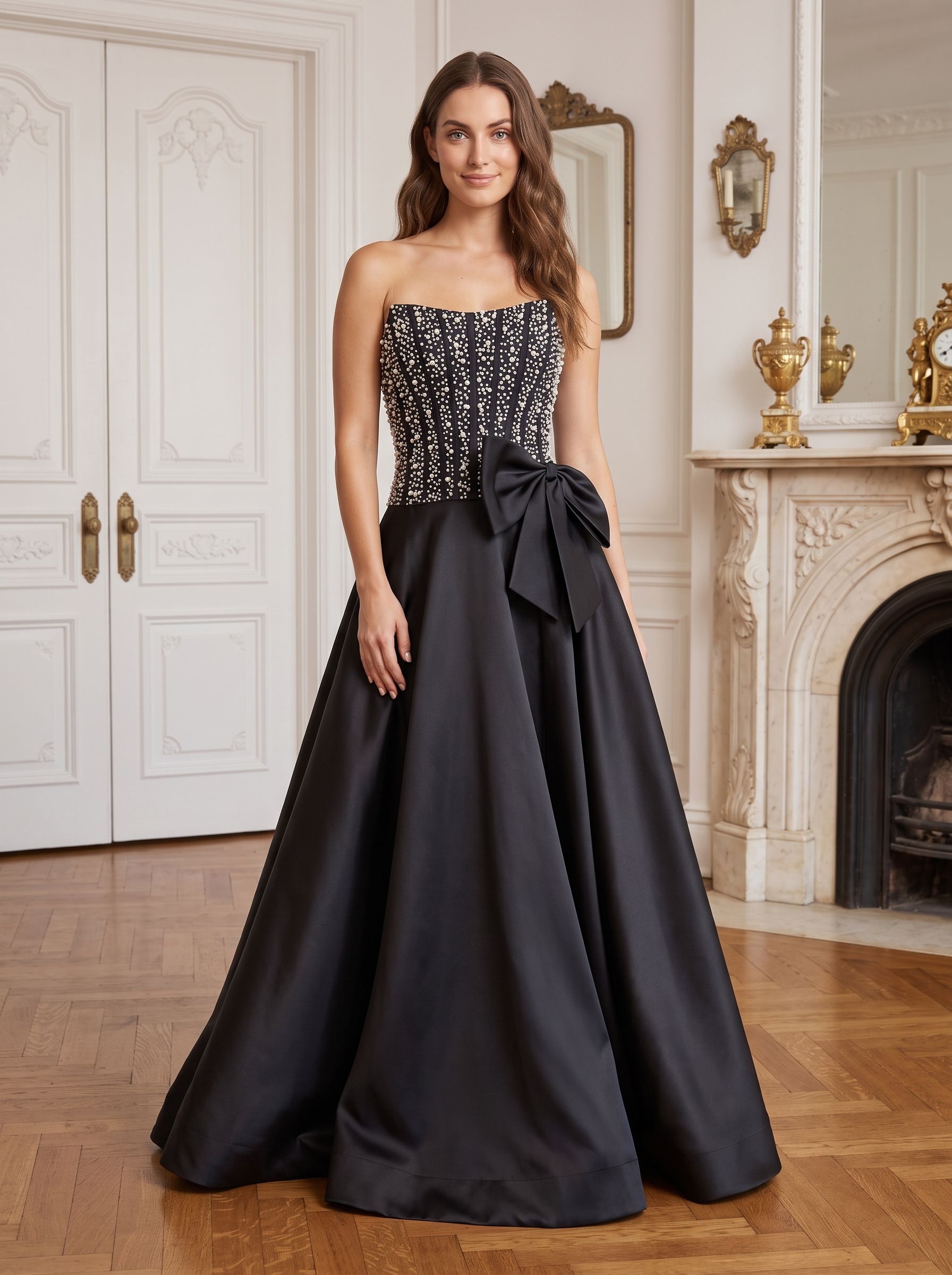 Black Satin A-Line Straight Neck Back Zip Floor-Length Dress with Beaded Bow - Curvevia