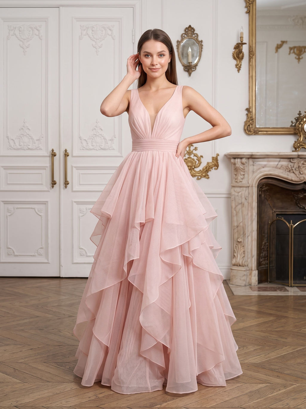 Blushing Pink Tulle A-Line V-Neck Back Zip Floor-Length Dress with Tiered Tulle - Curvevia
