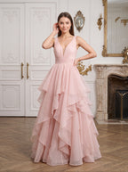 Blushing Pink Tulle A-Line V-Neck Back Zip Floor-Length Dress with Tiered Tulle - Curvevia