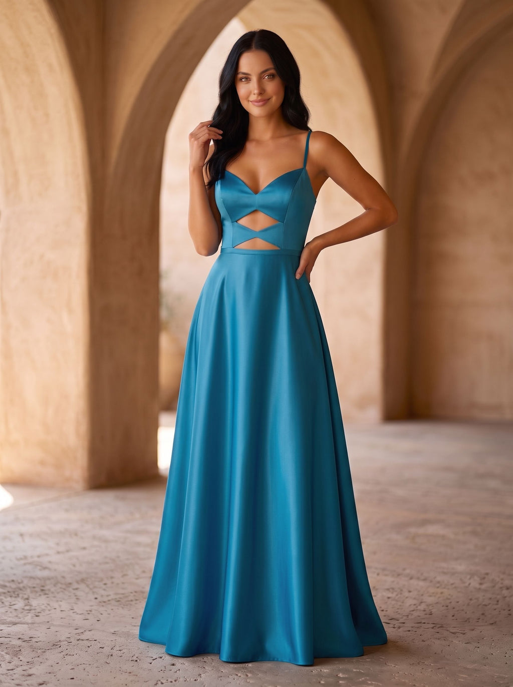 Peacock Blue Satin A-Line V-Neck Back Zip Floor-Length Dress with Spaghetti Straps - Curvevia