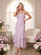 Lilac Chiffon Sheath Halter neckline Backless Floor-Length Dress with Tiered Hem - Curvevia