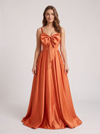 Orange Satin A-Line V-Neck Lace-up Floor-Length Dress with Pleated Bodice - Curvevia