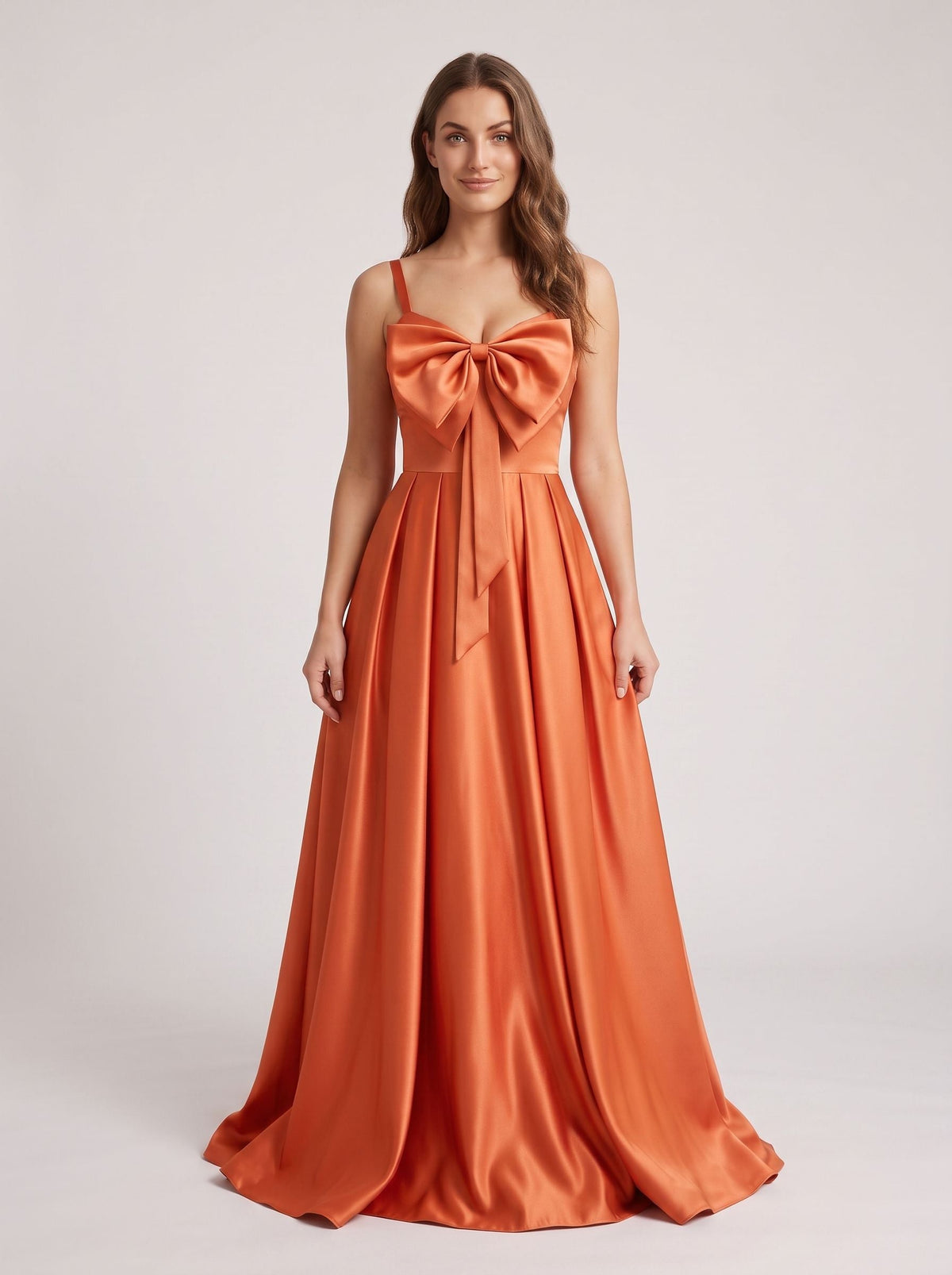 Orange Satin A-Line V-Neck Lace-up Floor-Length Dress with Pleated Bodice - Curvevia