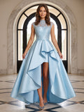 Sky Blue Satin A-Line Scoop Neck Back Zip Floor-Length Dress with Lace Applique Bodice and Side Slit - Curvevia